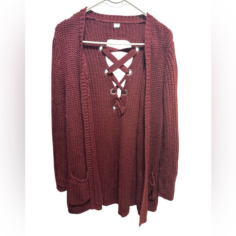 Women's maroon Lace-Up Knit Sweater - Picture 1 of 2